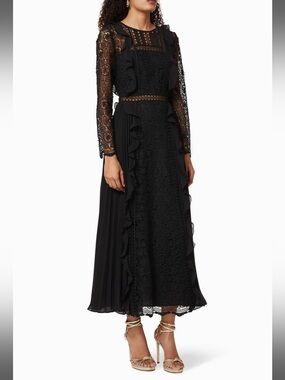 Self-Portrait Black Lace Ruffle Midi Dress